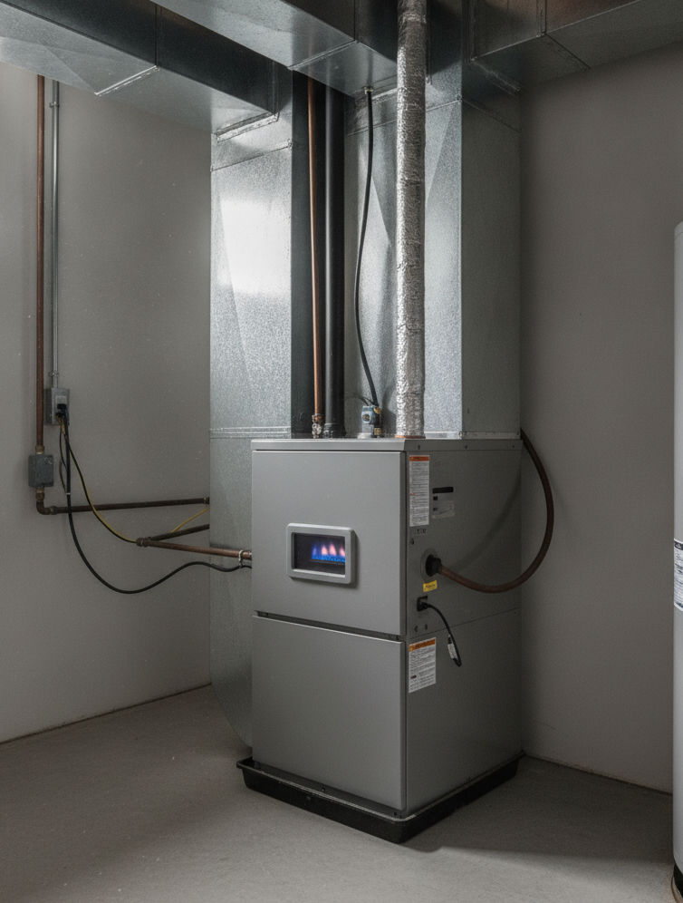 an indoor gas furnace in a basement or utility closet.